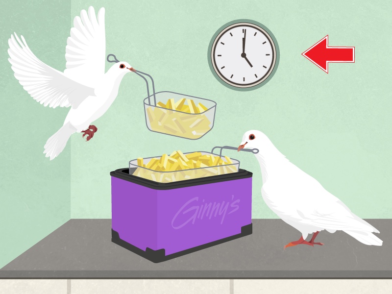Two doves are lowering fries into a purple fryer. An arrow points at a clock.