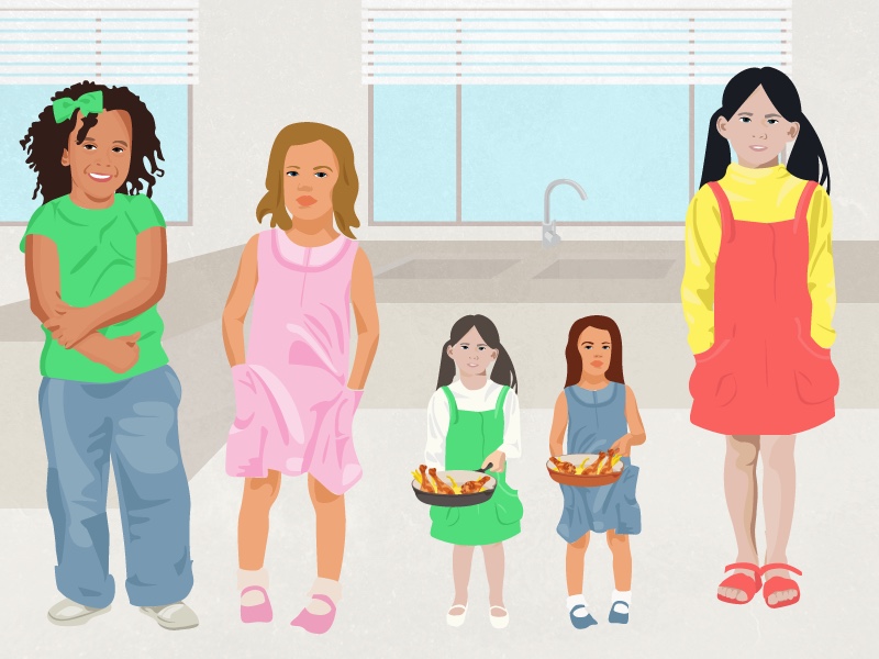 Three large girls are standing. Two small girls are holding frying pans.