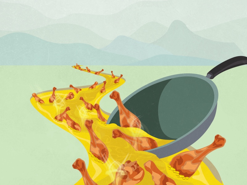 Chicken in hot cooking oil flows past a frying pan and into the distance.
