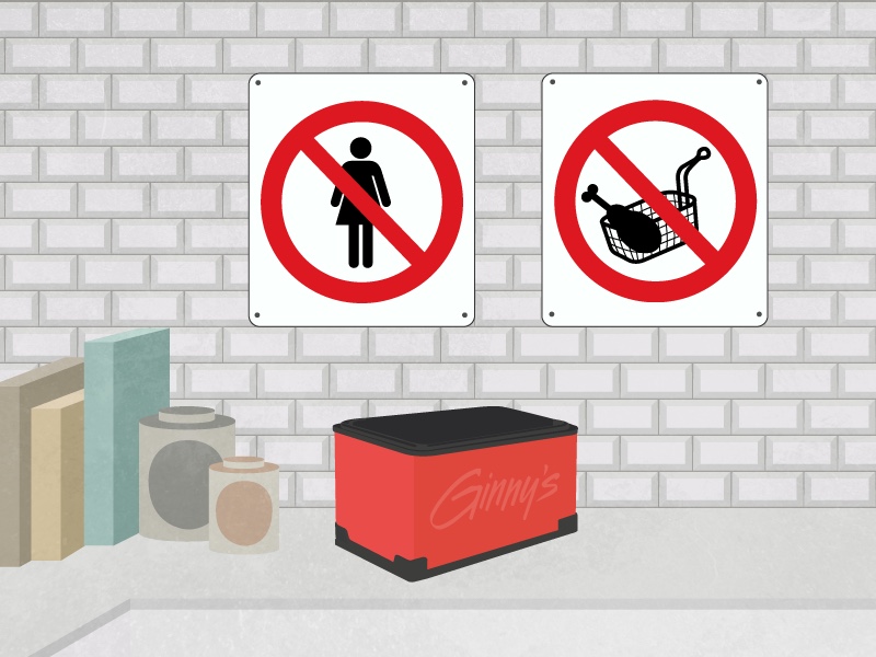 A sign with a red line through a female symbol, another with a red line through a fryer basket.