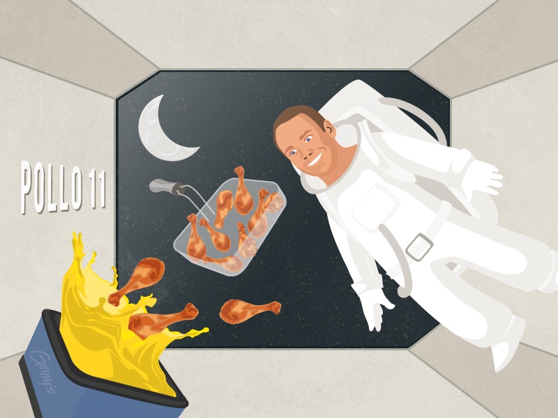 Astronaut on a lunar mission has chicken in a deep fryer.