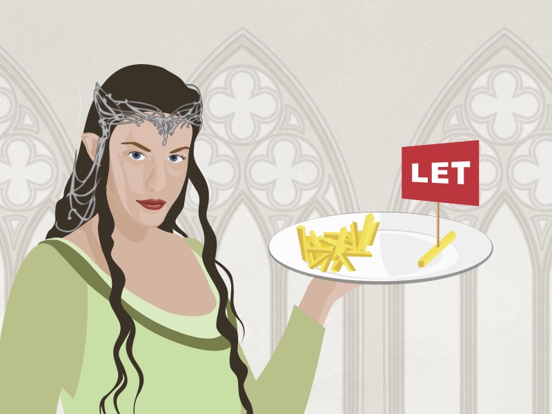 Arwen from the Lord of the Rings films holds a plate of french fries. One has a LET sign stuck in it.