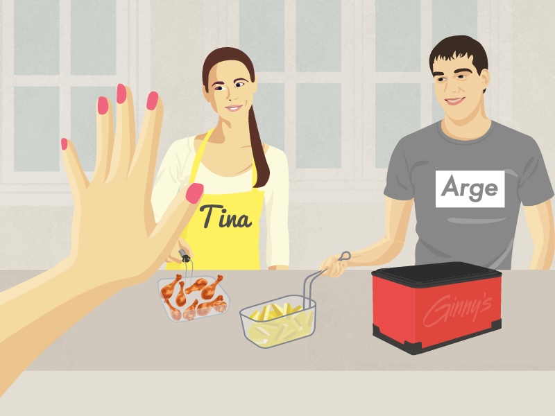 People labelled Tina and Arge were about to start frying but are being told to stop.
