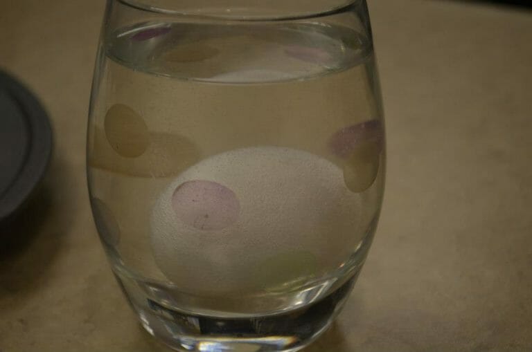 A single cooked egg in the shell sitting in a clear glass filled with white vinegar.