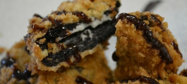 Close-up of deep fried Oreo cookies in a sweet batter.