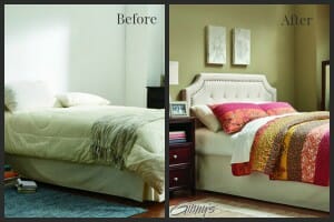 A Before view of a plain bedroom, and an After view with painted walls, a bright quilt set, wall decor, and a new nightstand.