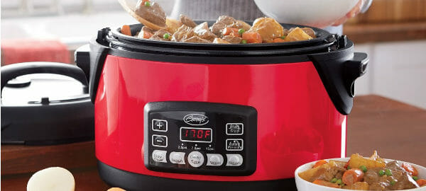 A person filling white bowls with Beef Stew from a red and black Ginny's brand slow cooker.