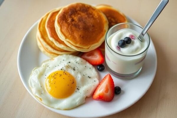 Breakfast plate with pancakes, eggs, and a yogurt parfait