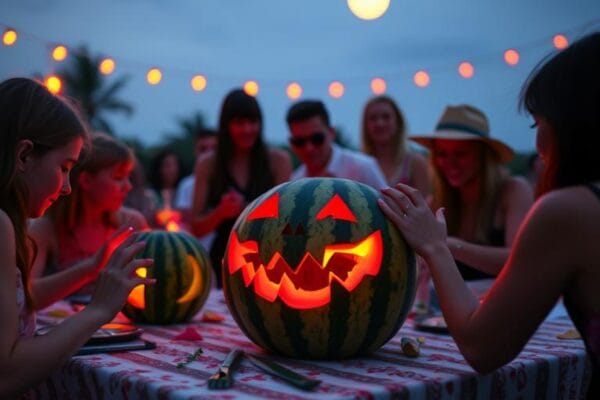Summer party with people gathered to carve watermelons