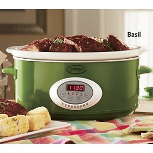 Ginny's 6.5 Quart Digital Slow Cooker in basil green, with meat inside.