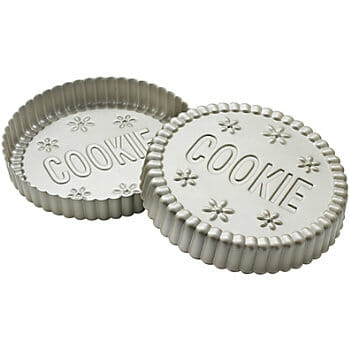 Two silver cookie cutters, with an embossed COOKIE and flowers design.
