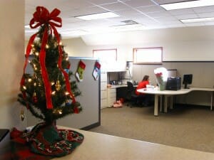 A person in an office cubicle with a poinsettia, and a small Christmas tree on another counter.