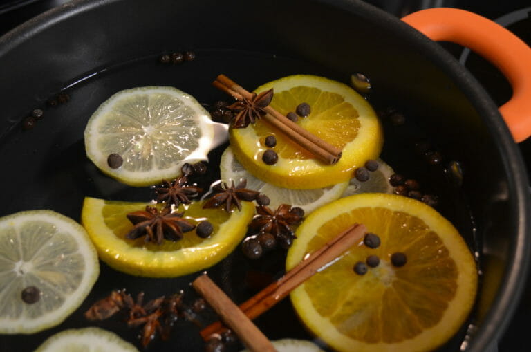 Cinnamon sticks, star anise, peppercorns, and slices of lemons and oranges simmering in a pot of water.