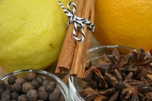 Close-up of a tied bundle of cinnamon sticks, star anise, peppercorns, a lemon and an orange. 