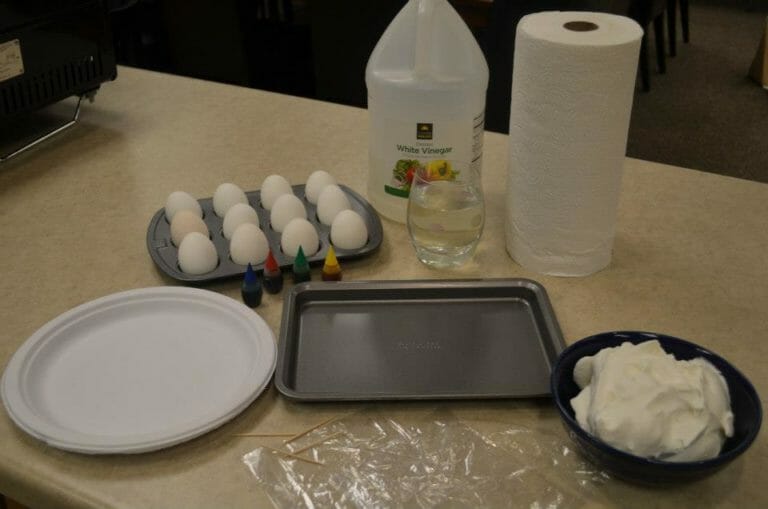 A dozen white eggs in a muffin pan, white vinegar, whipped topping, paper plates, and paper towels on a counter.