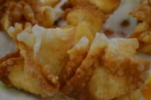 Close-up of crispy Crab Rangoons.