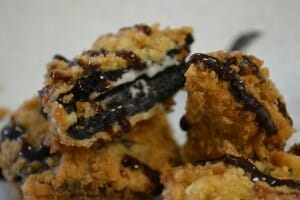 Close-up of deep fried Oreo cookies in a sweet batter.