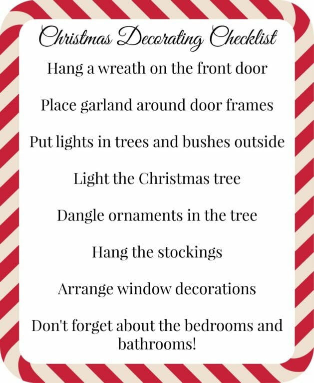 Christmas Decorating Checklist - Black text on white background with a red and white candy cane frame.