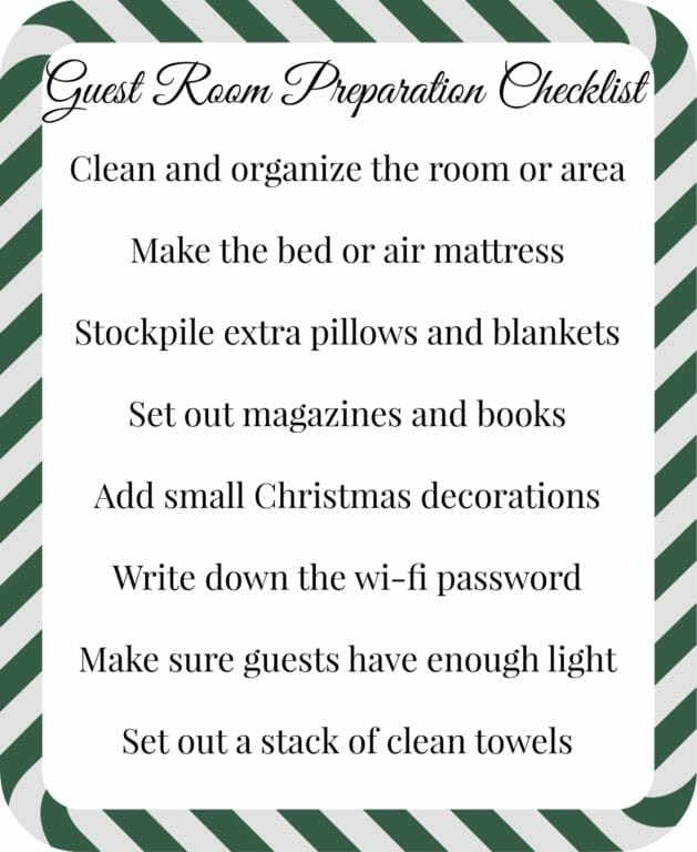 Guest Room Preparation Checklist - Black text on white background with a green and white candy cane frame.