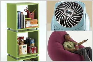 A black man lounging in a large burgundy bean bag chair, a blue fan, and stacked green cubes for storage.