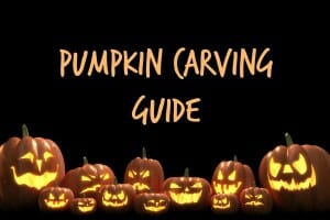 Pumpkin Carving Guide - Orange text on black background with 12 different lit Jack-o-Lanterns.