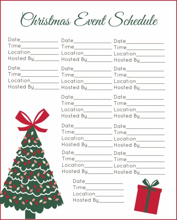Christmas Event Schedule - Info with fill-in blanks, and clipart of a present and a Christmas tree.