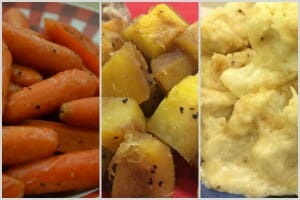 Close-ups of herbed carrots, pineapple chunks, and mashed potatoes.