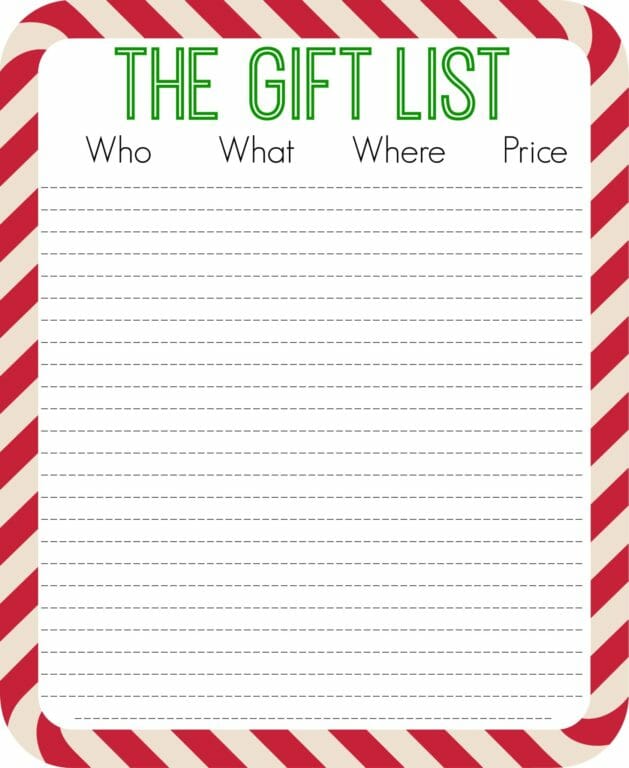 The Gift List - Green text on a lined white background, and a red and white candy cane frame.
