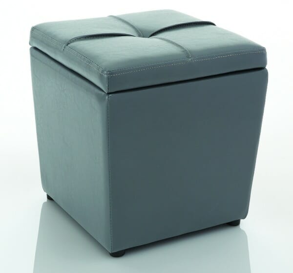 A grey storage ottoman with a tufted top.