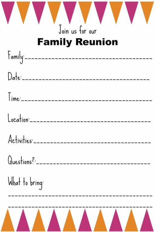 Join us for our Family Reunion - Black text on a white background with fill-in blanks and a red and pink border.