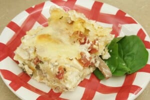 A serving of Chicken Alfredo Lasagna with fresh spinach on a red and white plate.
