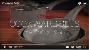 A YouTube video featuring Ginny's Cookware Sets, Starting at $24.99 - A gray spatter pot and two fry pans.