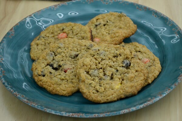 A blue plate with four Monster Cookies made with oatmeal, chocolate chips, and raisins.