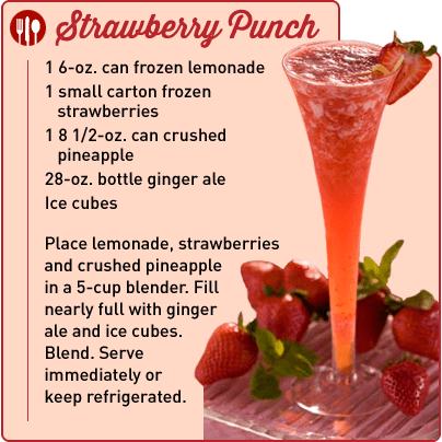 Four clear fluted glasses filled with Strawberry Punch, with fresh strawberry garnishes.