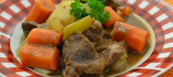 A red and white check bowl filled with Beef Stew, including carrots and potatoes.