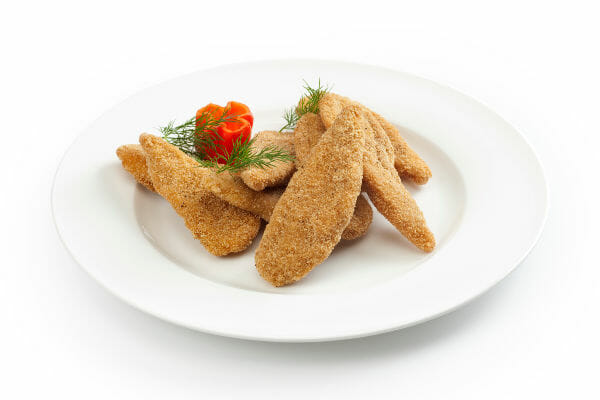 A white plate filled with chicken tenders, with a sliced red pepper and dill sprigs.
